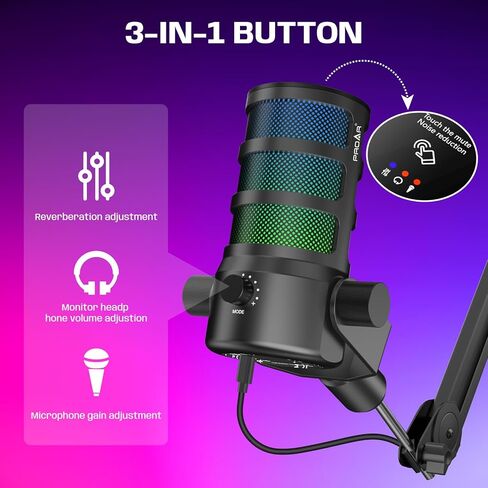 ميكروفون لبث البودكاست، ميكروفون ألعاب USB للكمبيوتر الشخصي، والكمبيوتر، والهاتف، وPS4/5، وميكروفون مكثف مع أضواء RGB، وكتم الصوت، والكسب، وإلغاء الضوضاء لتسجيل الاستوديو، وتويتش، ومقاطع فيديو يوتيوب in Kuwait