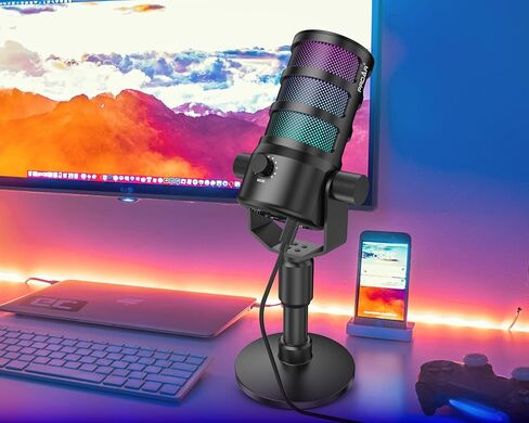 ميكروفون لبث البودكاست، ميكروفون ألعاب USB للكمبيوتر الشخصي، والكمبيوتر، والهاتف، وPS4/5، وميكروفون مكثف مع أضواء RGB، وكتم الصوت، والكسب، وإلغاء الضوضاء لتسجيل الاستوديو، وتويتش، ومقاطع فيديو يوتيوب in Kuwait