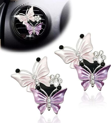 2Pcs Dual Butterfly Diamond Car Air Fresheners Vent Clips, Cute Dual Butterfly Air Vent Clips, Car Air Conditioning Outlet Clip Decorative Interior Accessories(Blue) in Kuwait