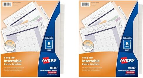 فواصل كبيرة من البلاستيك المتين 8 علامات تبويب قابلة للإدخال من Avery لـ 3 مجلدات حلقية، شفافة، مجموعة واحدة (11836) in Saudi Arabia