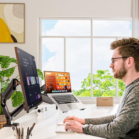 حامل شاشة MOUNT PRO وحامل كمبيوتر محمول يناسب الكمبيوتر المحمول مقاس 17 بوصة كحد أقصى وشاشة كمبيوتر مقاس 32 بوصة، وحامل كمبيوتر محمول وشاشة قابل للتعديل للمكتب، وحامل شاشة VESA مع صينية كمبيوتر محمول، كل ذراع يحمل ما يصل إلى 17.6 رطلًا in Kuwait