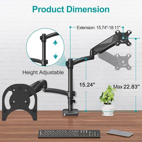 حامل شاشة MOUNT PRO وحامل كمبيوتر محمول يناسب الحد الأقصى لشاشات الكمبيوتر المحمول مقاس 17 بوصة وشاشات كمبيوتر مقاس 32 بوصة، وحامل كمبيوتر محمول وشاشة مزدوج، كل ذراع يحمل ما يصل إلى 17.6 رطل، حامل شاشة الكمبيوتر المحمول مع إمالة/دوران/دوران قابل للتعديل in Kuwait