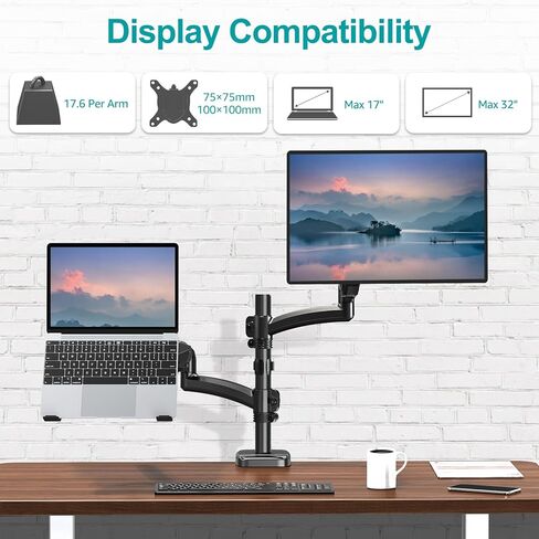 حامل شاشة MOUNT PRO وحامل كمبيوتر محمول يناسب الحد الأقصى لشاشات الكمبيوتر المحمول مقاس 17 بوصة وشاشات كمبيوتر مقاس 32 بوصة، وحامل كمبيوتر محمول وشاشة مزدوج، كل ذراع يحمل ما يصل إلى 17.6 رطل، حامل شاشة الكمبيوتر المحمول مع إمالة/دوران/دوران قابل للتعديل in Kuwait