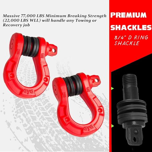 أغلال 3/4 بوصة على شكل حرف D (عبوتان) 77000 رطل (35 طن) قوة كسر مع دبوس لولبي 7/8 بوصة وعازل تكبل ومجموعة غسالات لحزام السحب ونش استعادة المركبات على الطرق الوعرة، أحمر in Kuwait