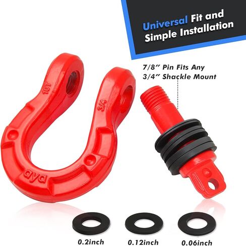 أغلال 3/4 بوصة على شكل حرف D (عبوتان) 77000 رطل (35 طن) قوة كسر مع دبوس لولبي 7/8 بوصة وعازل تكبل ومجموعة غسالات لحزام السحب ونش استعادة المركبات على الطرق الوعرة، أحمر in Kuwait