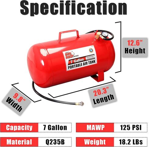 BIG RED T88007 Torin Portable Horizontal Air Tank with 36" Hose, 7 Gallon Capacity, Red in Saudi Arabia