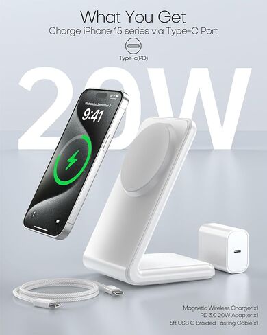 حامل شاحن Apple Mag-Safe، شاحن لاسلكي مغناطيسي مع إمكانية الشحن السريع لهاتف iPhone 15/14/13/12 (مع محول 20 واط، كابل 5 قدم) - رمادي in Saudi Arabia
