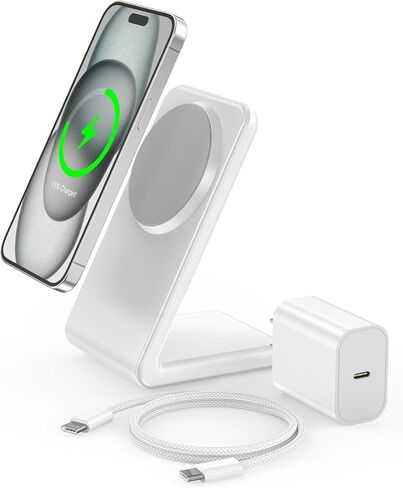 حامل شاحن Apple Mag-Safe، شاحن لاسلكي مغناطيسي مع إمكانية الشحن السريع لهاتف iPhone 15/14/13/12 (مع محول 20 واط، كابل 5 قدم) - رمادي in Saudi Arabia