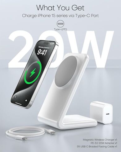 حامل شاحن Apple Mag-Safe، شاحن لاسلكي مغناطيسي مع إمكانية الشحن السريع لهاتف iPhone 15/14/13/12 (مع محول 20 واط، كابل 5 قدم) - رمادي in Saudi Arabia