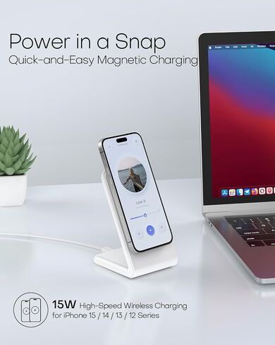 حامل شاحن Apple Mag-Safe، شاحن لاسلكي مغناطيسي مع إمكانية الشحن السريع لهاتف iPhone 15/14/13/12 (مع محول 20 واط، كابل 5 قدم) - رمادي in Saudi Arabia