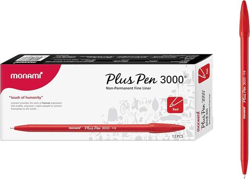 قلم MONAMI Plus 3000 قلم برأس لباد، نقطة دقيقة (0.4 مم)، قلم تحديد رفيع، كتابة/يوميات/تدوين الملاحظات في المنزل والمدرسة والمكتب، أحمر، 12 قطعة in Saudi Arabia