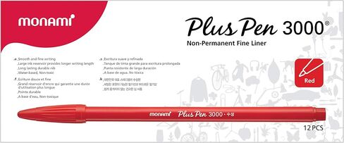 قلم MONAMI Plus 3000 قلم برأس لباد، نقطة دقيقة (0.4 مم)، قلم تحديد رفيع، كتابة/يوميات/تدوين الملاحظات في المنزل والمدرسة والمكتب، أحمر، 12 قطعة in Saudi Arabia