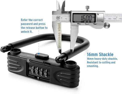 قفل الدراجة على شكل حرف U، قفل دراجة 16 مم شديد التحمل، قفل على شكل حرف U مع قفل على شكل حرف U، أقفال دراجة مضادة للسرقة لدراجة الطريق والدراجة الجبلية والدراجة الكهربائية والدراجة القابلة للطي، الدعامة غير متضمنة in Kuwait