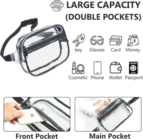 حقيبة خصر شفافة مقاومة للماء معتمدة من كلير فاني باك للنساء والرجال، مع حزام قابل للتعديل للرياضة والشاطئ والمناسبات والحفلات الموسيقية، باللون الأسود in Kuwait