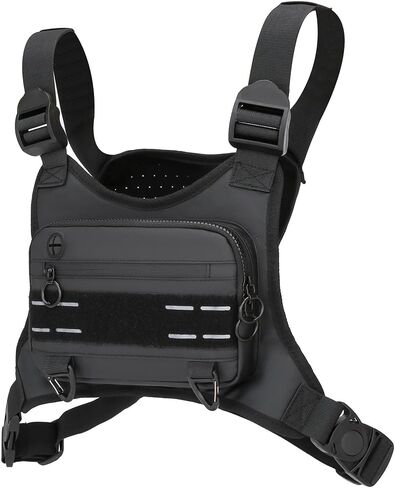 حقيبة صدر رياضية للرجال والنساء، حقيبة صدر EDC خفيفة الوزن، حامل هاتف سترة الجري مع مساحة تخزين إضافية للتمرينات والسفر وركوب الدراجات النارية (أسود) in Kuwait