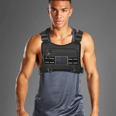 حقيبة صدر رياضية للرجال والنساء، حقيبة صدر EDC خفيفة الوزن، حامل هاتف سترة الجري مع مساحة تخزين إضافية للتمرينات والسفر وركوب الدراجات النارية (أسود) in Kuwait