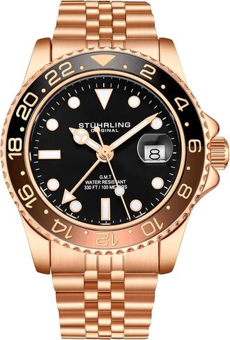 Stuhrling Original Men's Stainless Steel Jubilee Bracelet GMT Watch Quartz, Dual Time, Quickset Date with Screw Down Crown, Water Resistant up to 10 ATM in Kuwait