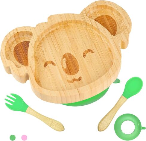 أطباق أطفال كوالا صغيرة رائعة من الخيزران من تشيانليير مع كوب شفط من السيليكون وملعقة وشوكة - مجموعة أطباق خشبية مقسمة للأطفال الصغار للفطام بقيادة الطفل - مستلزمات تغذية خالية من مادة BPA وغير سامة (أخضر) in Kuwait