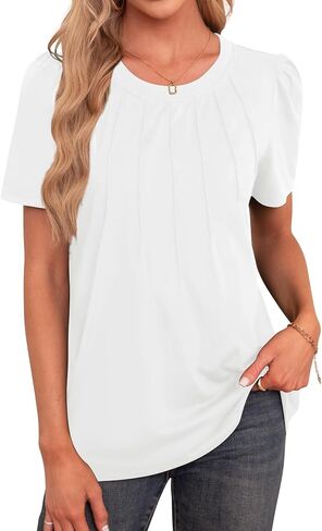 Womens Tops Dressy Casual Short Sleeve Shirts Summer Loose T Shirts Trendy Tops Pleated Tunic Blouses in Saudi Arabia