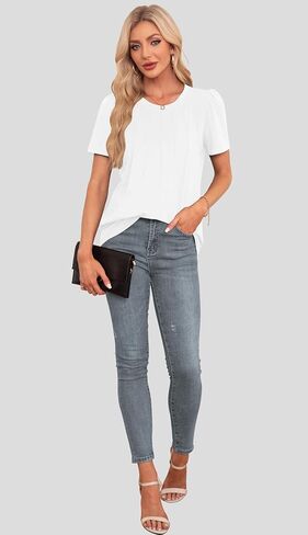 Womens Tops Dressy Casual Short Sleeve Shirts Summer Loose T Shirts Trendy Tops Pleated Tunic Blouses in Saudi Arabia