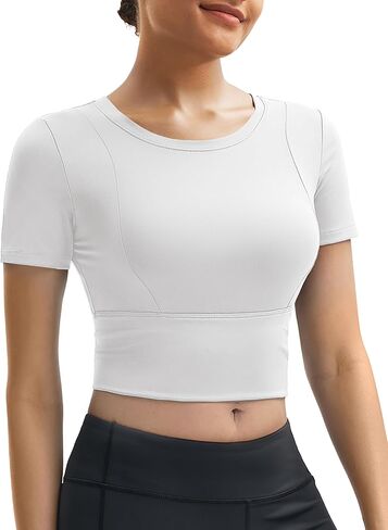 MAGCOMSEN Women's Crop Workout Tops Yoga Short Sleeve Athletic Shirts Cropped Slim Fit Gym Clothes Tight Tshirt Exercise in Kuwait