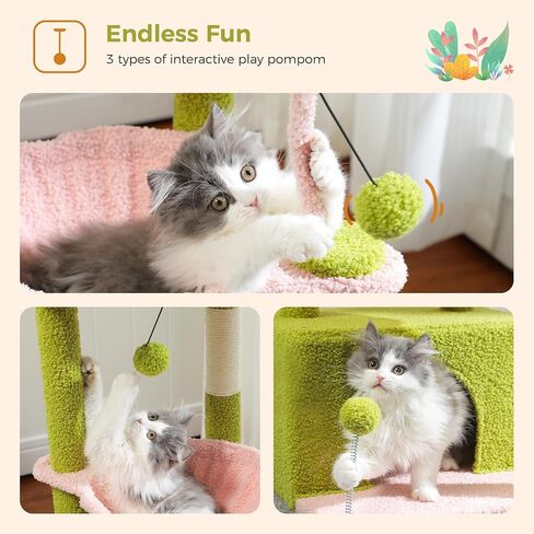 شجرة الصبار للقطط 4 في 1 من بيكوتلي، 33 بوصة، للقطط الداخلية مع شقة كبيرة للقطط، عمود خدش للقطط، أرجوحة عميقة وجثم مريح، أخضر in Kuwait