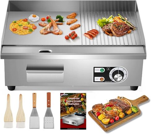 شواية كهربائية تجارية Moogiantgo مقاس 22 بوصة، 1600 وات غير قابلة للالتصاق، شواية مسطحة من الفولاذ المقاوم للصدأ، صندوق زيت قابل للإزالة، درجة حرارة قابلة للتعديل 0-300 درجة مئوية، شواية تيبانياكي لمطبخ المطعم، 110 فولت in Kuwait
