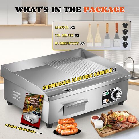 شواية كهربائية تجارية Moogiantgo مقاس 22 بوصة، 1600 وات غير قابلة للالتصاق، شواية مسطحة من الفولاذ المقاوم للصدأ، صندوق زيت قابل للإزالة، درجة حرارة قابلة للتعديل 0-300 درجة مئوية، شواية تيبانياكي لمطبخ المطعم، 110 فولت in Kuwait