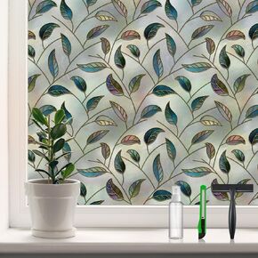 DKTIE Window Film Privacy with Installation Tools, Decorative Stained Glass Window Clings for Home, Static Cling Window Sticker for Front Door, Bathroom (Green, 35.4'' x 78.7'')