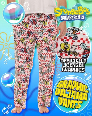 بنطلون بيجامة رجالي مطبوع بالكامل من COCO BRANDS SpongeBob مع حزام خصر مرن قابل للتعديل - ملابس نوم من الصوف الحريري in Saudi Arabia