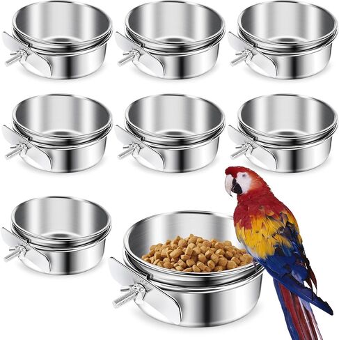 ToLanbbt 8 Pcs Stainless Steel Bird Food Bowls Bird Water Bowls with Clamp Holder, Parrot Feeding Dish Cups Parrot Cage Coop Feeders for Cockatiel Conure Budgie Parakeet Macaw Lovebird Small Animal, S in Kuwait