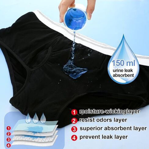 Blosssound 6 Pack Men's Incontinence Underwears Reusable Washable Leak Proof Underwears Protection Incontinence Briefs Men Bladder Control with Super Absorbency for Men, 150ml Absorbency, Large in Kuwait