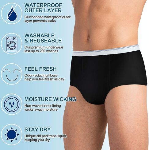 Blosssound 6 Pack Men's Incontinence Underwears Reusable Washable Leak Proof Underwears Protection Incontinence Briefs Men Bladder Control with Super Absorbency for Men, 150ml Absorbency, Large in Kuwait