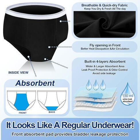 Blosssound 6 Pack Men's Incontinence Underwears Reusable Washable Leak Proof Underwears Protection Incontinence Briefs Men Bladder Control with Super Absorbency for Men, 150ml Absorbency, Large in Kuwait