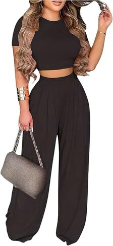 WDIRARA Women's 2 Piece Outfits Short Sleeve Crop Top And Plant Print Long Pants in Saudi Arabia