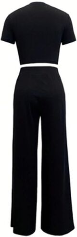 WDIRARA Women's 2 Piece Outfits Short Sleeve Crop Top And Plant Print Long Pants in Saudi Arabia