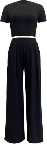 WDIRARA Women's 2 Piece Outfits Short Sleeve Crop Top And Plant Print Long Pants in Saudi Arabia