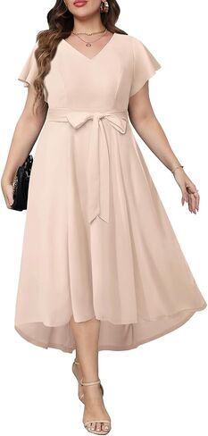 Women's Plus Size High Low Flutter Sleeves Wedding Guest Semi Formal Maxi Long Dress with Pockets in Kuwait