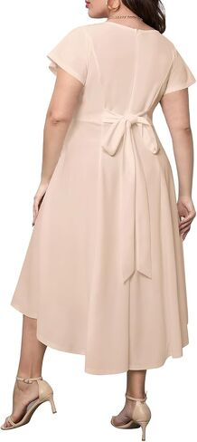 Women's Plus Size High Low Flutter Sleeves Wedding Guest Semi Formal Maxi Long Dress with Pockets in Kuwait