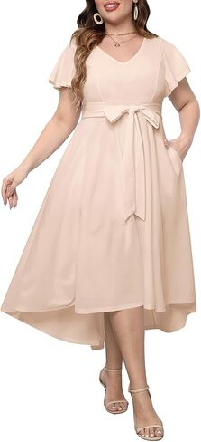 Women's Plus Size High Low Flutter Sleeves Wedding Guest Semi Formal Maxi Long Dress with Pockets in Kuwait