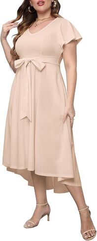 Women's Plus Size High Low Flutter Sleeves Wedding Guest Semi Formal Maxi Long Dress with Pockets in Kuwait