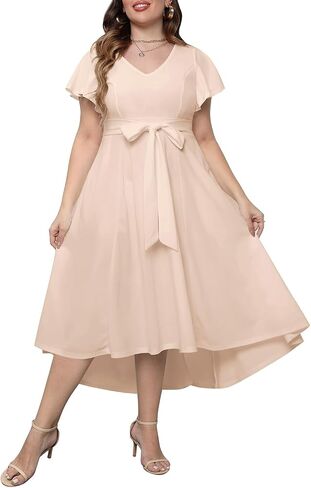 Women's Plus Size High Low Flutter Sleeves Wedding Guest Semi Formal Maxi Long Dress with Pockets in Kuwait