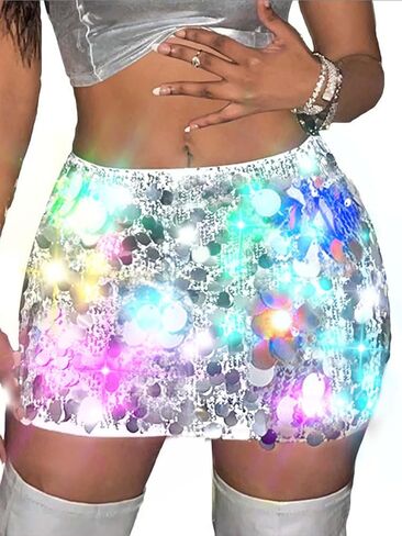 REETAN Light up Sequin Sparkly Skirts LED Music Dance Skirt Rave Club Disco Skirt Costume for Women and Girls in Kuwait