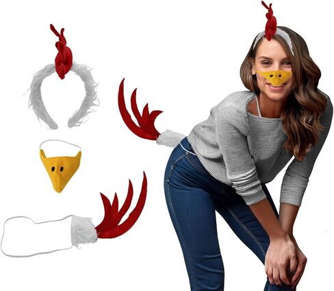 White Rooster Chicken Costume Kit - Fuzzy Headband Tail Beak Nose Mask Costume Accessory Set, Multi-Color, One Size in Saudi Arabia