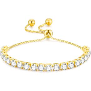 Geelein 14K سوار مطلي بالذهب زركون كلاسيكي تنس قابل للتعديل المنزلق سلسلة سوار مجوهرات الأزياء للنساء الفتيات