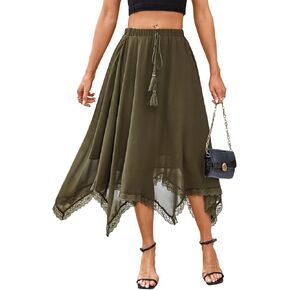 Verdusa Women's Elastic Waist Lace Trim Asymmetrical Flowy Long Skirt