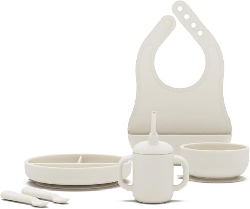 Lalo First Bites Silicone Baby Feeding Set - Baby Led Weaning Supplies - Non-Toxic Silicone - Includes 1 Bib, 2 Spoons, Training Cup, Suction Plate and Bowl - 6 Pieces - Grapefruit in Saudi Arabia