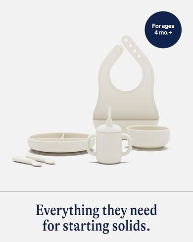 Lalo First Bites Silicone Baby Feeding Set - Baby Led Weaning Supplies - Non-Toxic Silicone - Includes 1 Bib, 2 Spoons, Training Cup, Suction Plate and Bowl - 6 Pieces - Grapefruit in Saudi Arabia