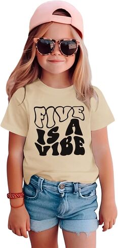 IZYJOY Kids Girl 5th Birthday Young Five is A Vibe Birthday T Shirt Retro Letter Printed Unisex Birthday Tee Top Outfits in Saudi Arabia