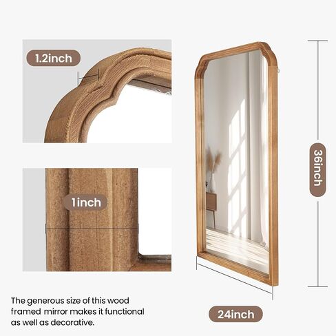 24"x36" Solid Wood Bathroom Mirror Rounded Corner Tempered Glass for Wall Mounted, Rustic Wood Frame Wall Mirror Decorative for Living Room Bedroom Vanity Mirror Entryway Mirror, Rustic Brown in Kuwait